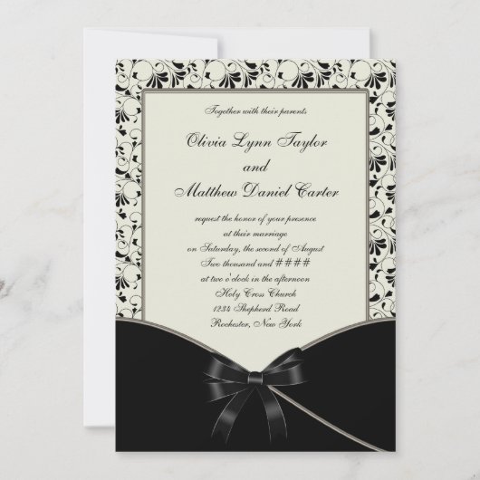 Zwart Ivoor Cream Damask Wedding Kaart (Voorkant)