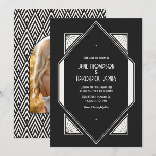 Zwart & Ivoor Linen Art Deco Huwelijksfoto Kaart