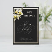 Zwart ivoor monogram initialen orchidee Save The D Date (Staand voorkant)