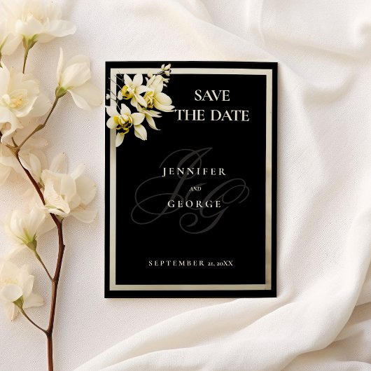 Zwart ivoor monogram initialen orchidee Save The D Date