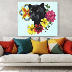 Zwart Jaguar Portret Bloemen Canvas Afdruk