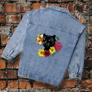 Zwart Jaguar Portret Bloemen Denim Jacket