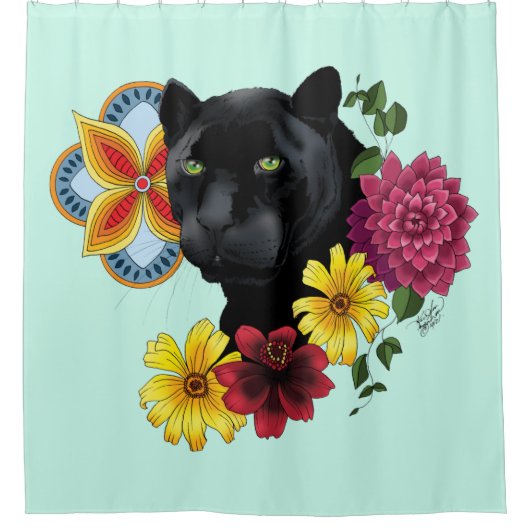 Zwart Jaguar Portret Bloemen Douchegordijn (Voorkant)