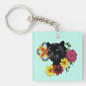 Zwart Jaguar Portret Bloemen QR code Sleutelhanger (Voorkant)