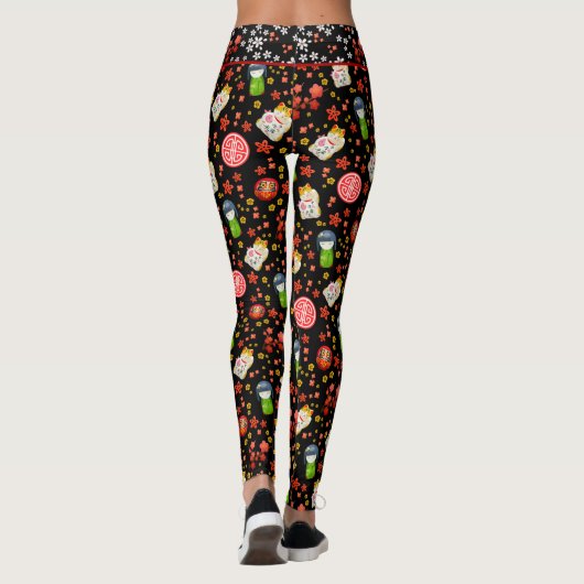 Zwart Japans Maneki Neko Kat en Geisha Leggings (Achterkant)
