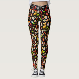 Zwart Japans Maneki Neko Kat en Sushi Leggings