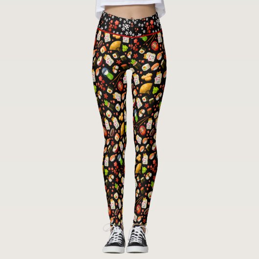 Zwart Japans Maneki Neko Kat en Sushi Leggings (Voorkant)