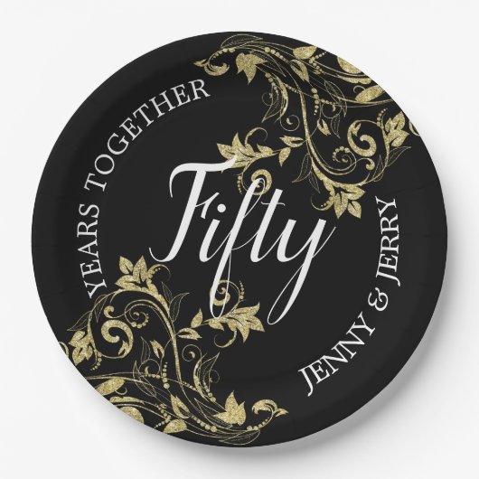 Zwart Jubileum Papier Bord met goudbloemen (Voorkant)