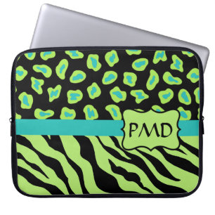 Zwart, kalkgroen en Turquoise Zebra & Cheetah Skin Laptop Sleeve