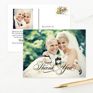 Zwart kalligrafie script bruiloft foto dank u briefkaart