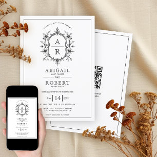 Zwart kam monogram QR code bruiloft Kaart