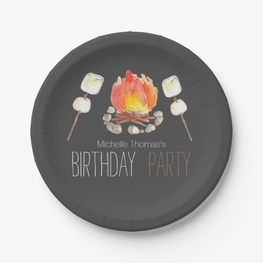 Zwart kampvuur smores verjaardagspapier bord (Voorkant)