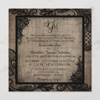 Zwart Kant Burlap Modern Gothic bruiloft uitnodigi Kaart