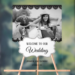 Zwart kant gepersonaliseerde foto bruiloft welkom acryl bord