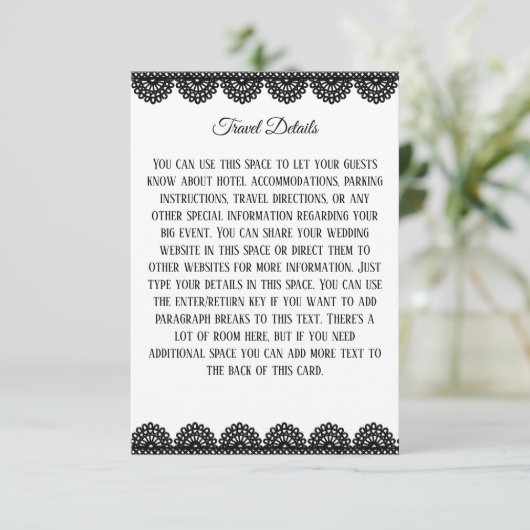 Zwart Kant op Witte Aangepaste Bruiloft Informatiekaartje (Staand voorkant)