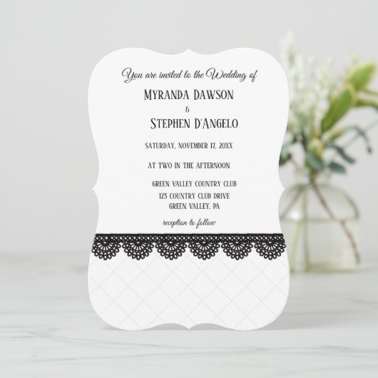 Zwart Kant op Witte Aangepaste Bruiloft Kaart (Staand voorkant)