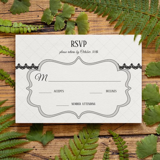 Zwart Kant op Witte Aangepaste Bruiloft RSVP Kaartje