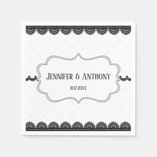 Zwart Kant op Witte Aangepaste Bruiloft Servet (Voorkant)