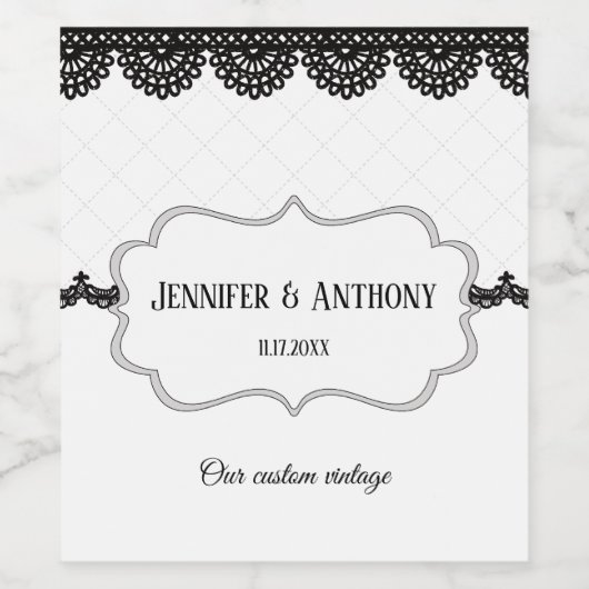 Zwart Kant op Witte Aangepaste Bruiloft Wijn Etiket (Enkel label)