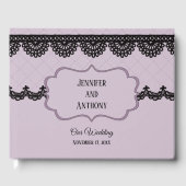 Zwart kant op zachte lavendel aangepaste bruiloft gastenboek (Voorkant)