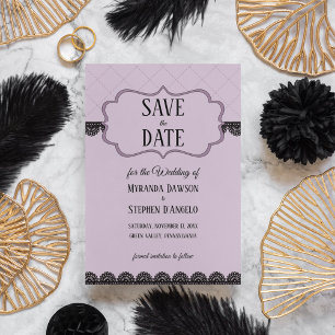 Zwart Kant op Zachte Lavendel Custom Save the Date Kaart