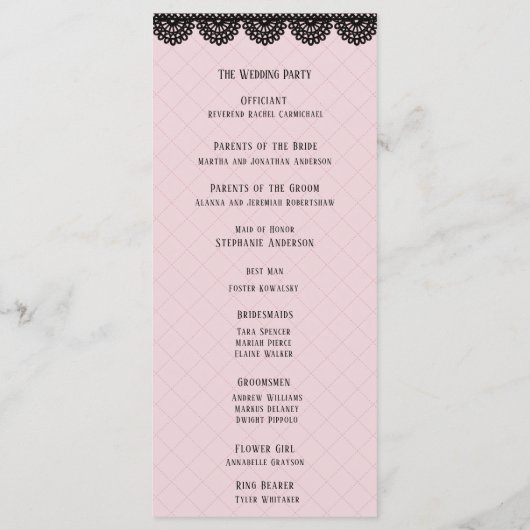 Zwart Kant op Zachte Roze Custom Bruiloft Programma (Achterkant)