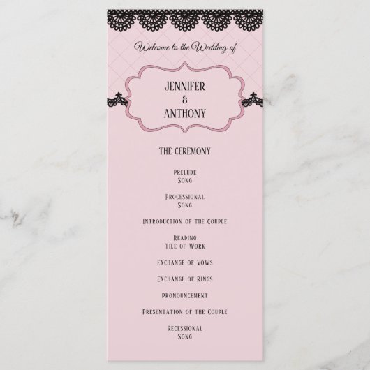 Zwart Kant op Zachte Roze Custom Bruiloft Programma (Voorkant)