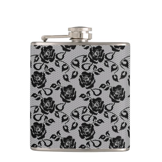 Zwart kant patroon op witte achtergrond heupfles (Voorkant)