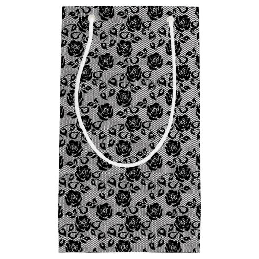 Zwart kant patroon op witte achtergrond klein cadeauzakje (Voorkant)