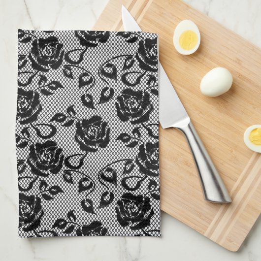 Zwart kant patroon op witte achtergrond theedoek (Quarter Fold)