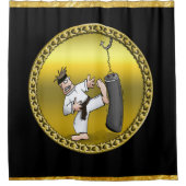 Zwart karaat man dat een zwarte trainingstas schop douchegordijn (Voorkant)