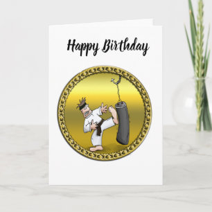 Zwart karaat man dat een zwarte trainingstas schop kaart