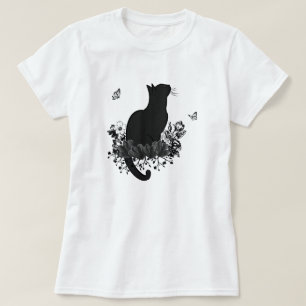 Zwart Kat Bloem Donkere Vlinder T-shirt