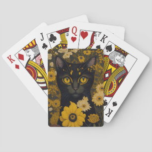 Zwart Kat Geel Ogen  Bloemen #2 Pokerkaarten