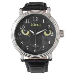 Zwart kat gezicht — zwart  leder horloge