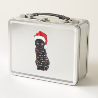 Zwart Kat Kerst Licht T-shirt Feestelijk Feline w