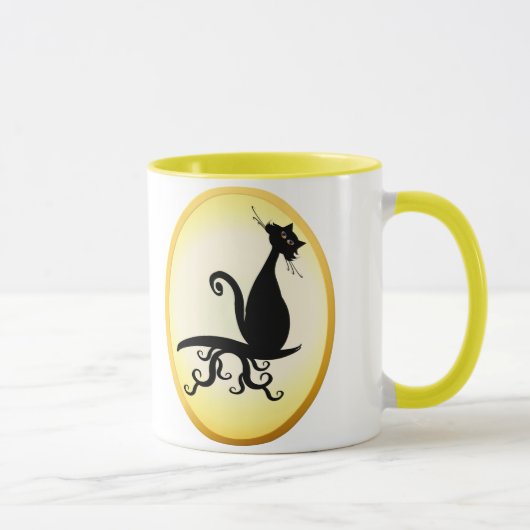 Zwart Kat kijkt naar ovaal Mokken (Rechts)