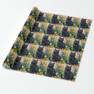 Zwart kat lente bloemen schilderij cadeaupapier