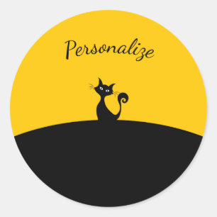 Zwart kat op zwart & geel aan te passen ronde sticker