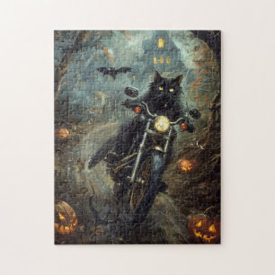 Zwart Kat Rijden Motorfiets Halloween Eng Legpuzzel