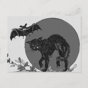Zwart kat vleermuis volle maan monochroom briefkaart