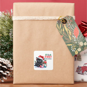 Zwart katje in Santa Hat Vrolijk Kerstfeest Vierkante Sticker