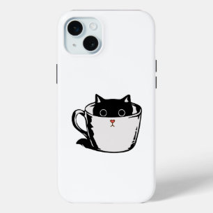 Zwart katje met rode neus verstopt in een kopje iPhone 15 mini hoesje