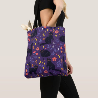 Zwart katten en wilde bloemen patroon draagtas