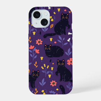 Zwart katten en wilde bloemen patroon iPhone 15 hoesje