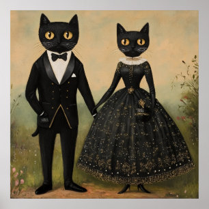 Zwart kattenkoppel vintage volkskunst gotisch vict poster