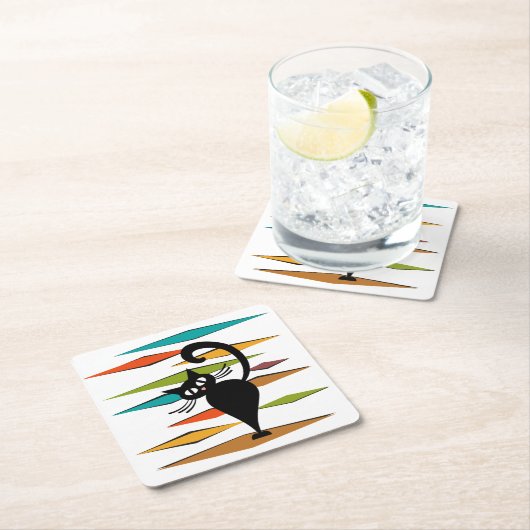 Zwart kattenontwerp uit de middeleeuwen vierkante kartonnen onderzetter (Insitu)