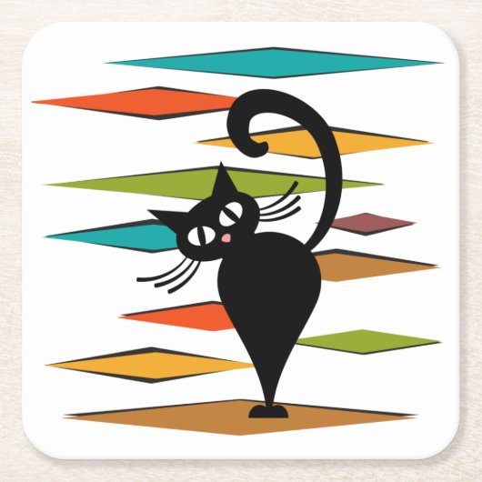 Zwart kattenontwerp uit de middeleeuwen vierkante kartonnen onderzetter (Voorkant)