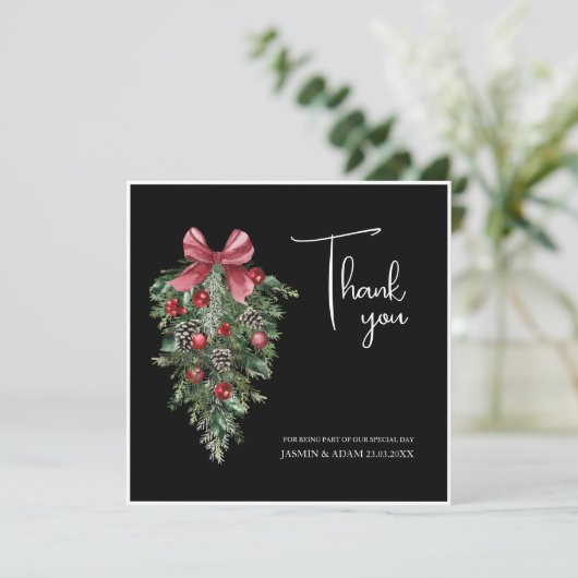 Zwart Kerst Rood Groen Winter Feestelijke bruiloft Bedankkaart (Staand voorkant)