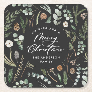 Zwart Kerstmis minimale elegante botanische Vierkante Kartonnen Onderzetter